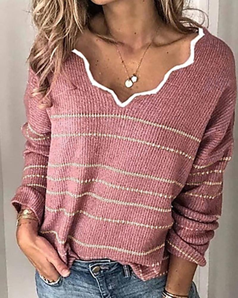 

Contrast Biding Striped Knit Casual Sweater, Pink