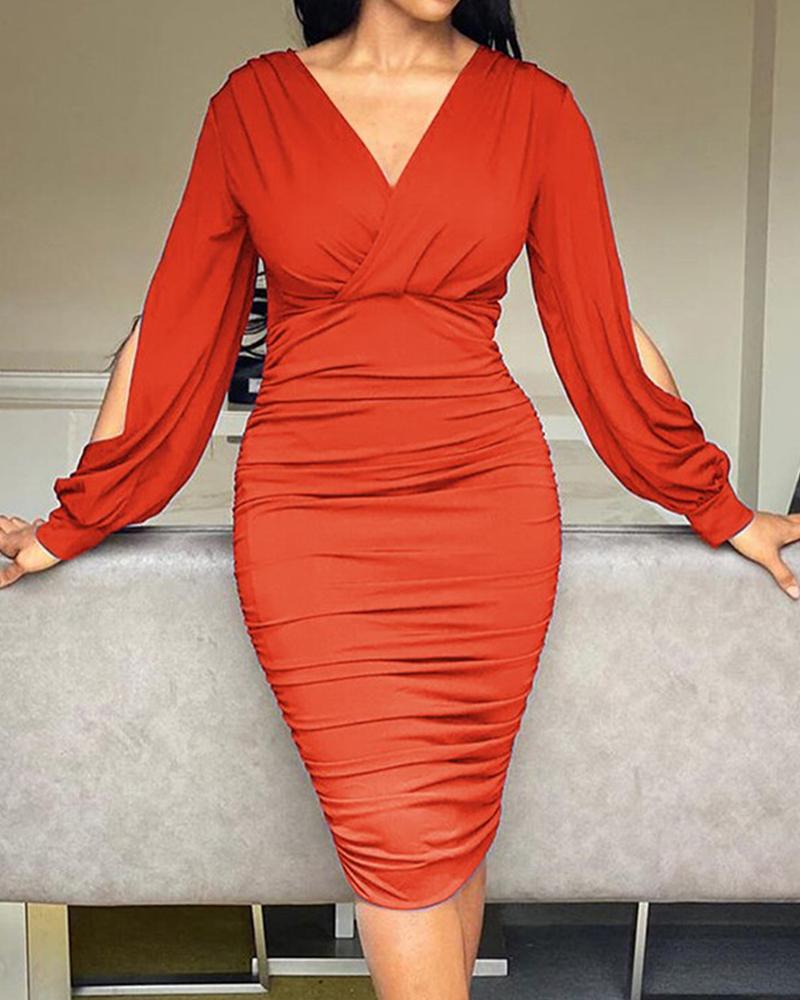 

Plus Size Plain Cutout Ruched Wrap Bodycon Dress, Orange