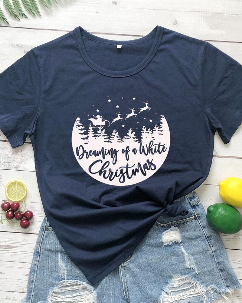 

Christmas Letter Print Short Sleeve T-shirt, Dark blue