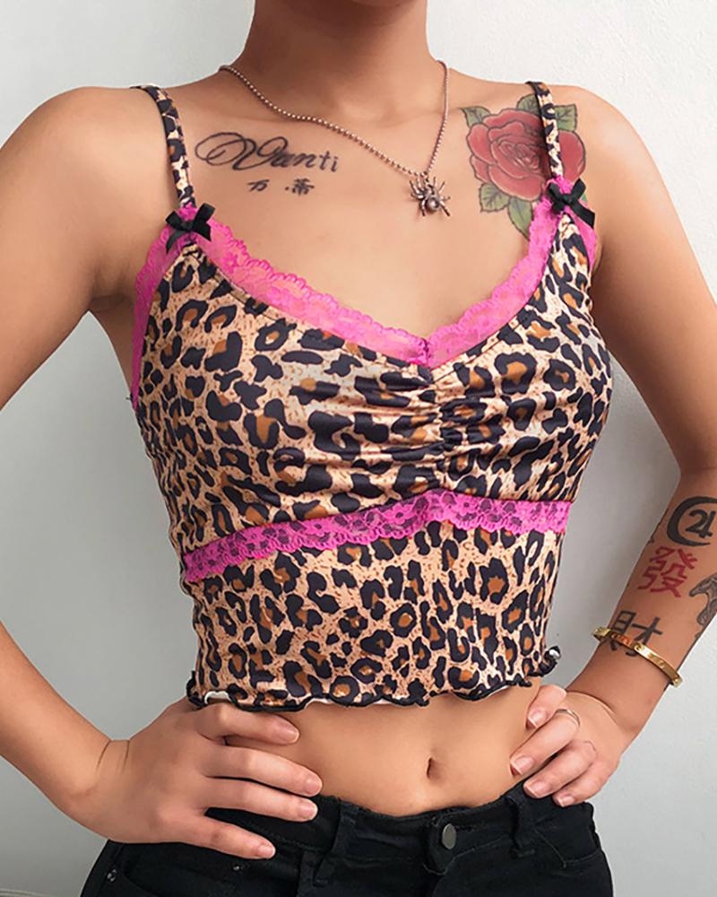 

Frill Hem Leopard Print Spaghetti Strap Crop Women Top