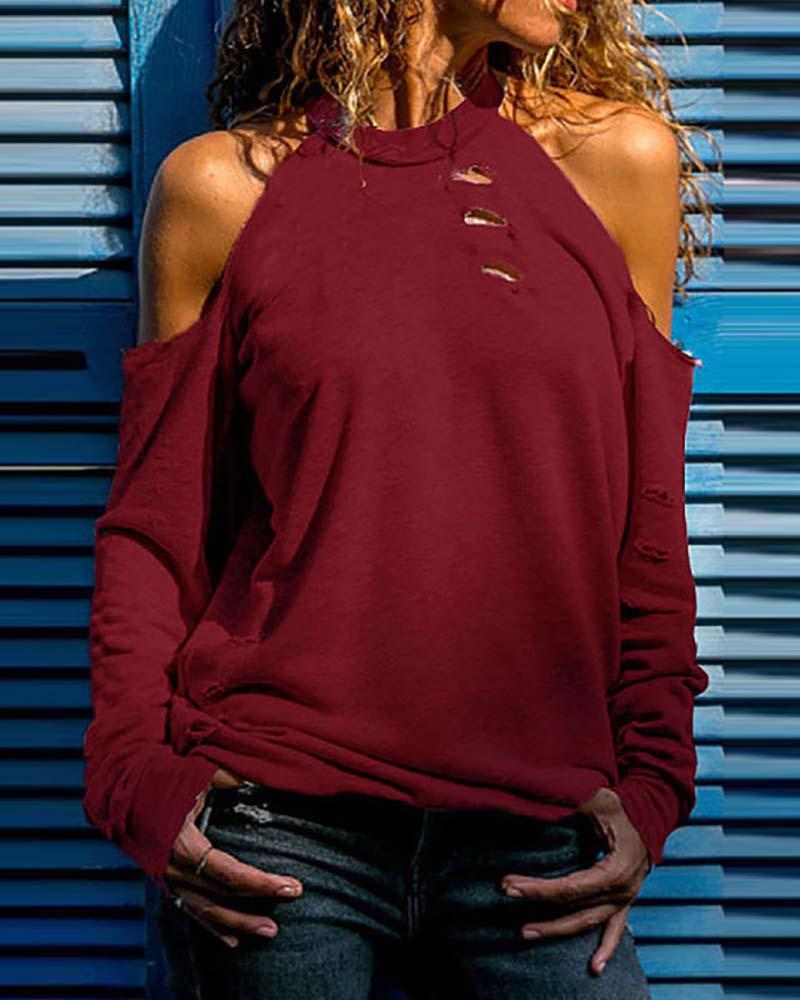 

Cold Shoulder Ribbed Cutout Casual Top, Wine red