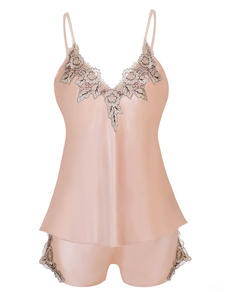 

Embroidery Floral Lace Trim Satin Cami Set, Apricot