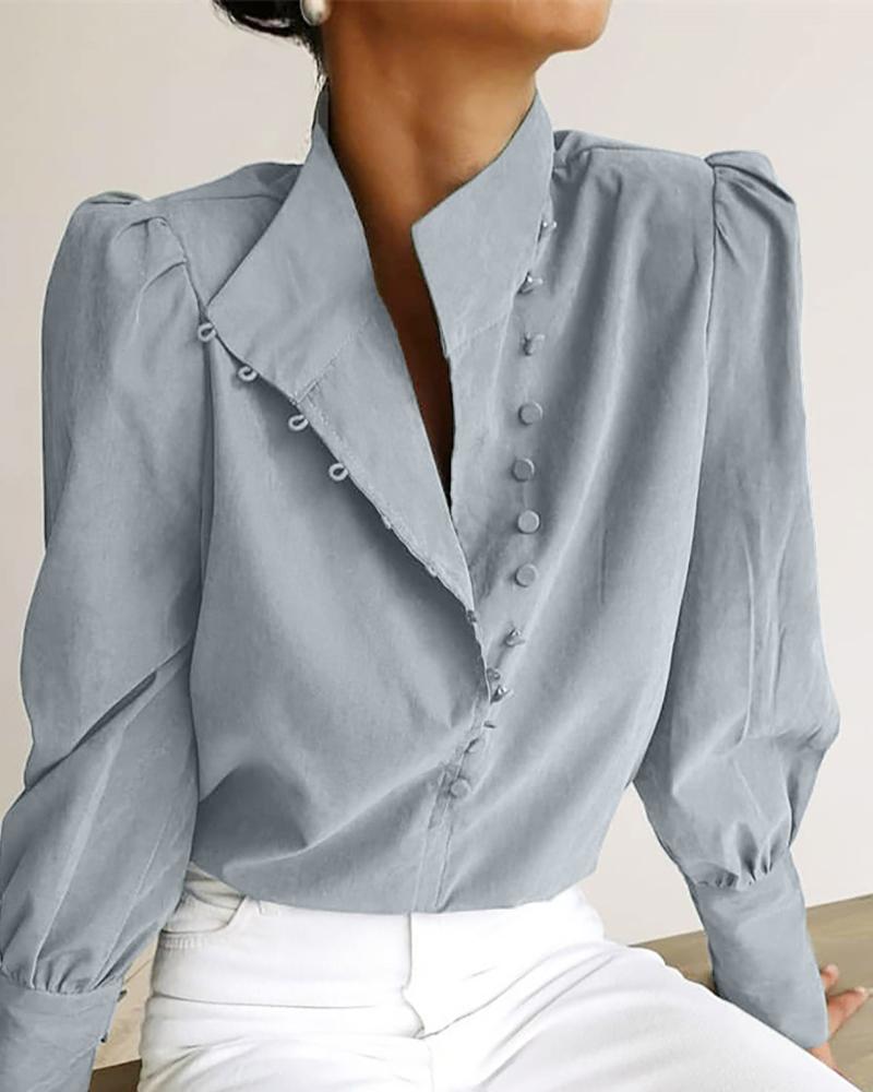 

Plain Puff Sleeve Button Design Shirt, Gray