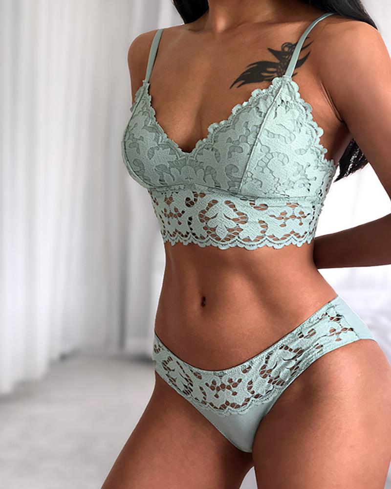 

Spaghetti Strap Eyelash Lace Bra Set, Green