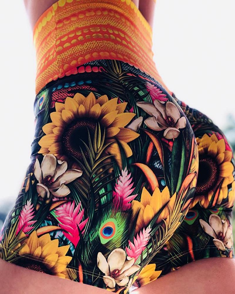 

Sunflower Print High Waist Sporty Shorts, Black