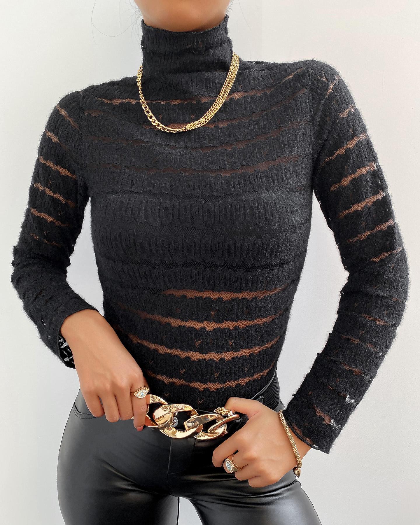

Long Sleeve Sheer Mesh Lace Top, Black