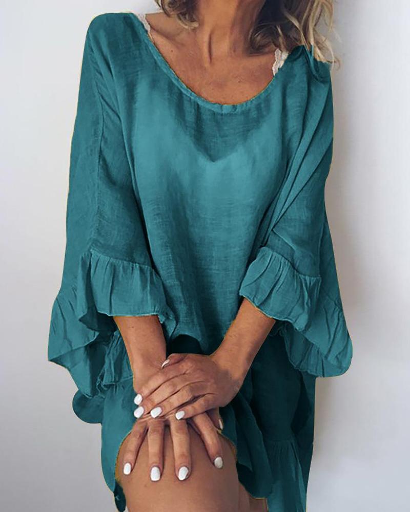 

Cotton and Linen Stitching Ruffled Dress, Green