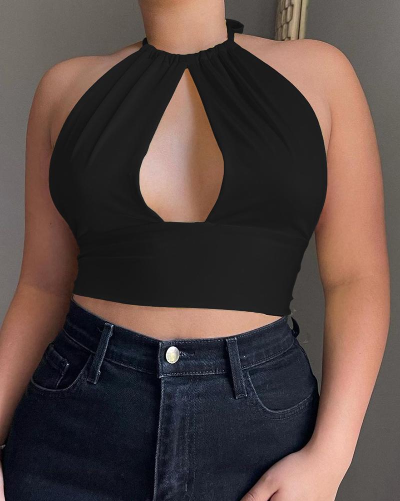 

Solid Halter Cut-out Skinny Sleeveless Tanks, Black