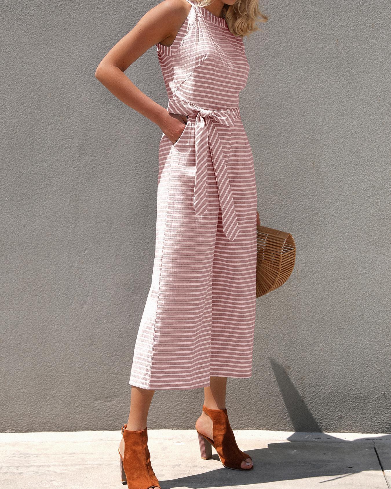 

Striped Waist Belted Wide Leg Jumpsuit, Pink