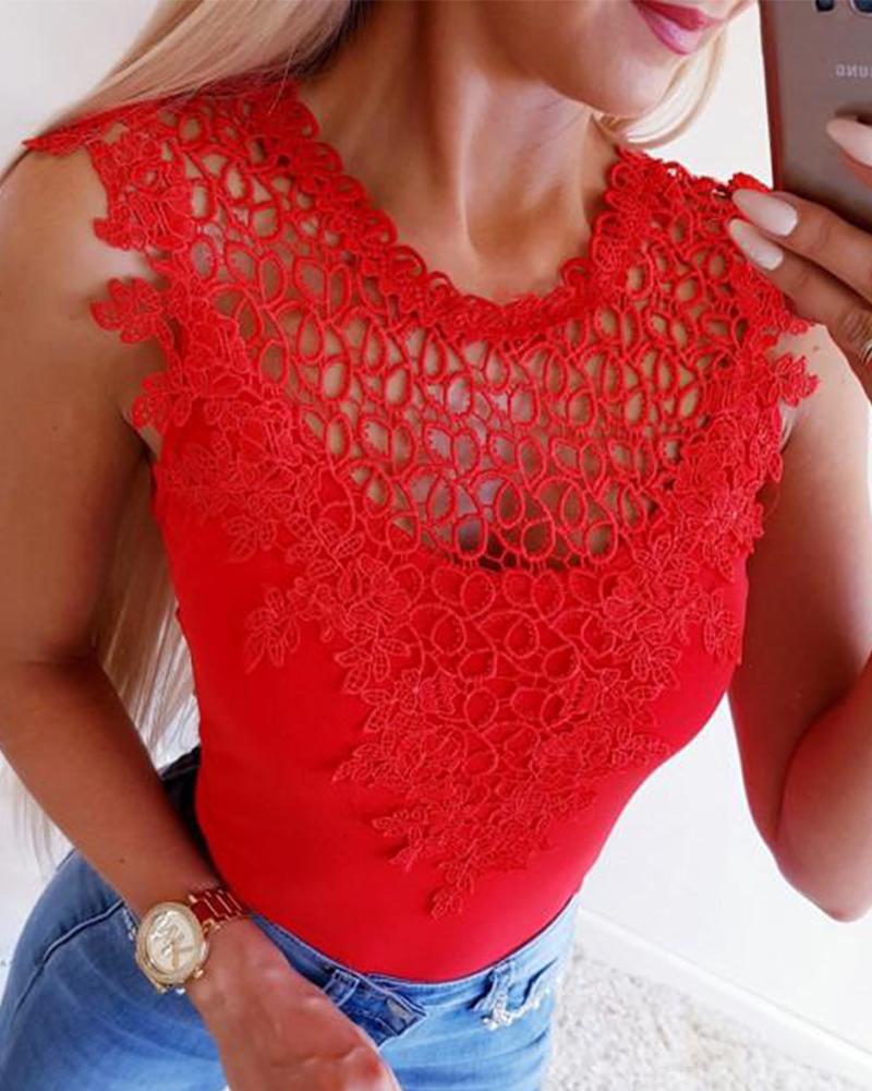 

Lace Trim Slim Fit Top, Red
