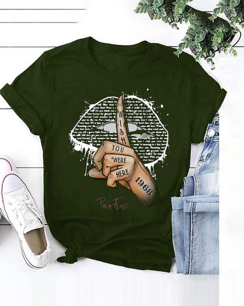

Lip/Signal Print Short Sleeve Casual T-shirt, Green