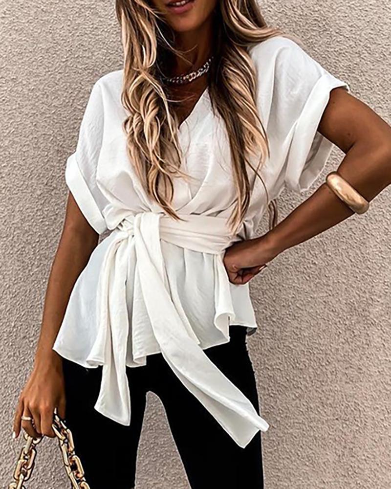 

V-Neck Tie Front Short Sleeve Casual Top, White