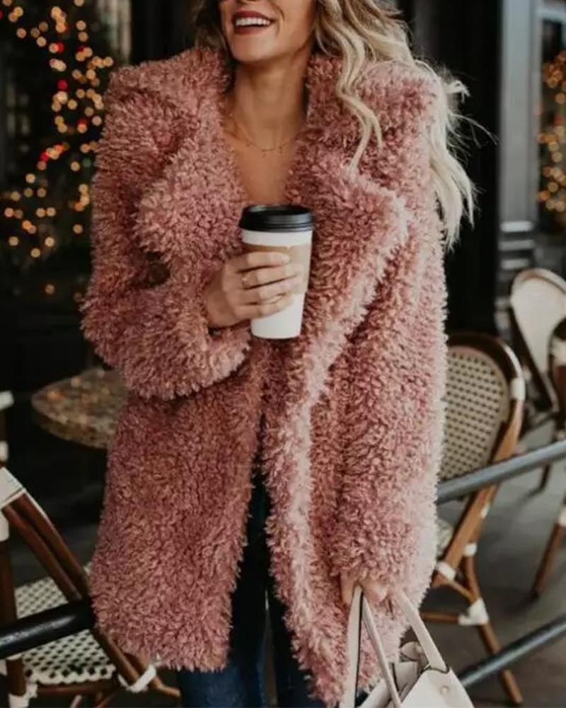 

Plain Fluffy Long Sleeve Teddy Coat, Pink