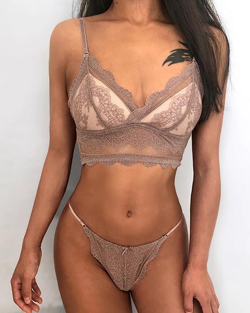 

Spaghetti Strap Lace Trim Bra Set, Coffee