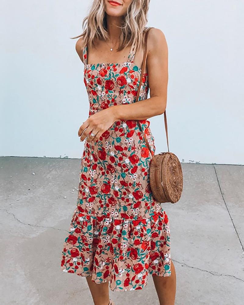 

Floral Print Ruffles Hem Dress, Red