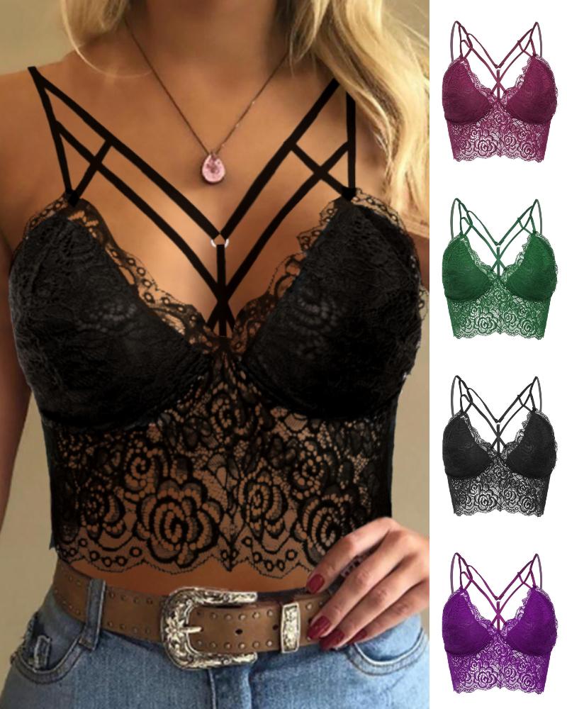 

Strappy Floral Lace Bra, Black