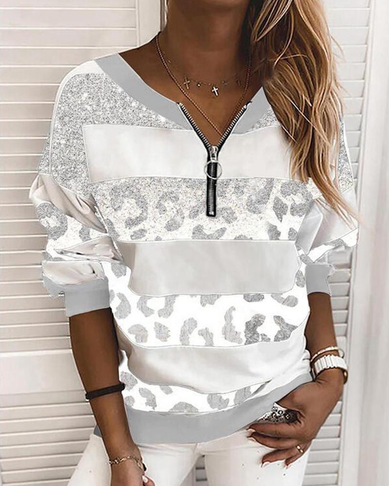 

Glitter Leopard Print Long Sleeve Sweatshirt, Gray