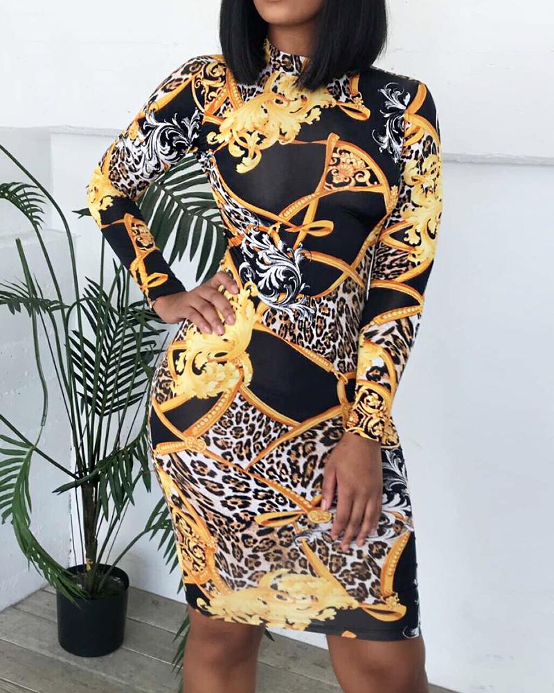 

Leopard Paisley Print Long Sleeve Women Dress, Multicolor