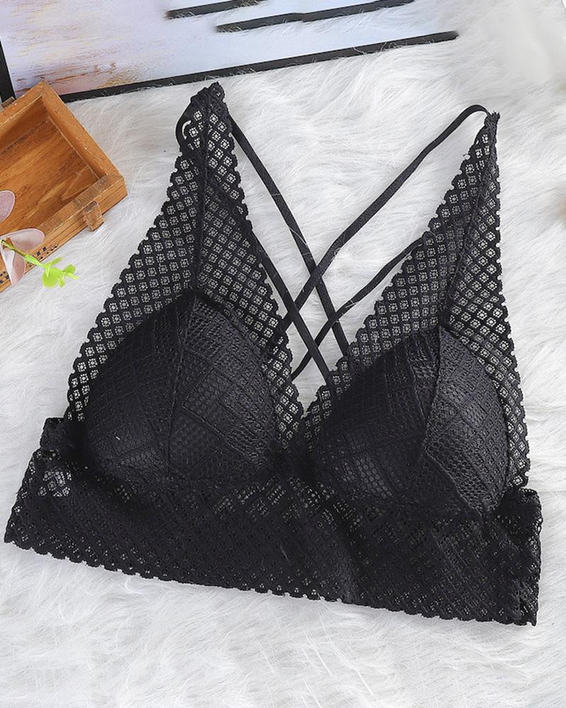 

Lace Bralette Hollow Out Lace Bra Crop Top Wireless Underwear Deep V Push Up Bra, Black