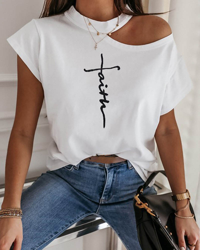 

Letter Print Short Sleeve Casual T-shirt, White