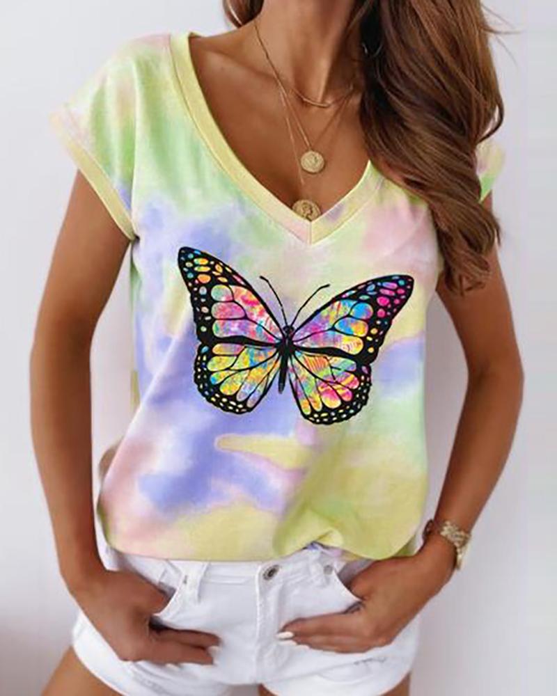 

Butterfly Tie Dye Print Short Sleeve Casual T-shirt, Yellow