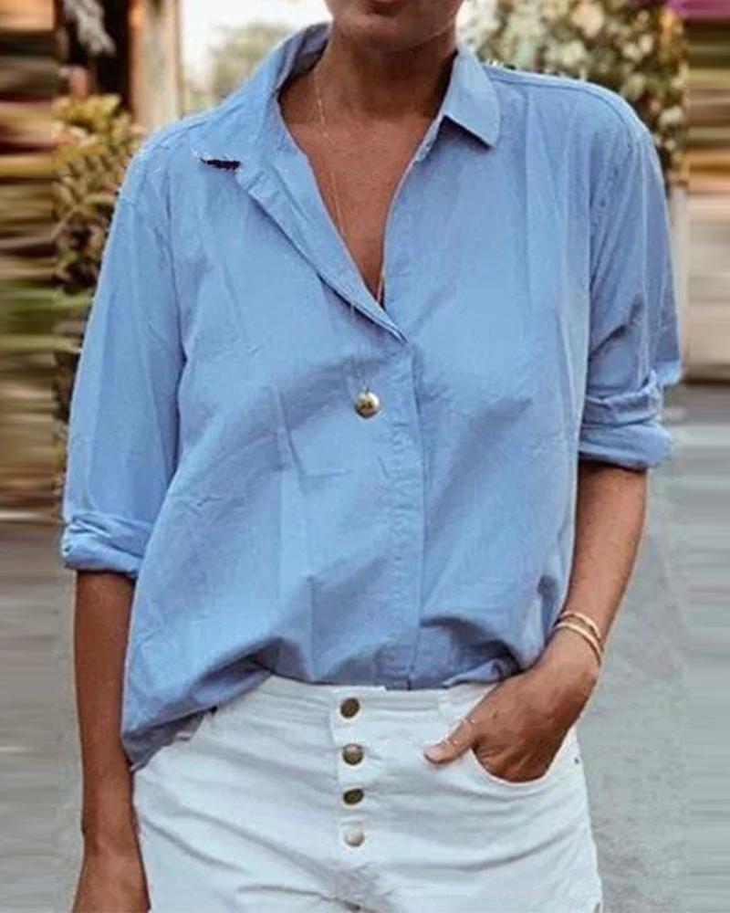 

Solid Color Button Down Women Blouse, Blue