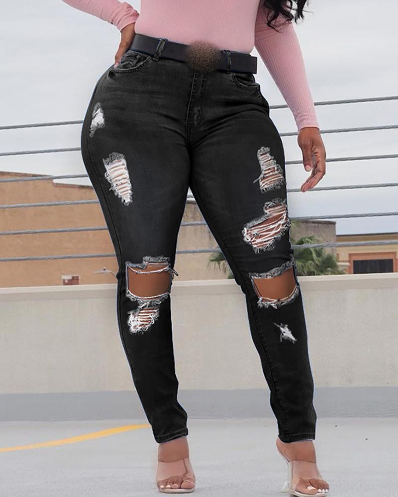 

Ripped Cutout High Waisted Denim Pants Without Belt, Black