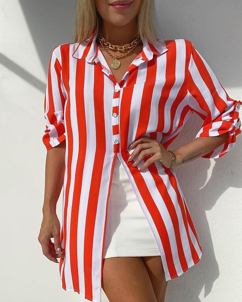 

Button Front Striped Colorblock Shirt, Red