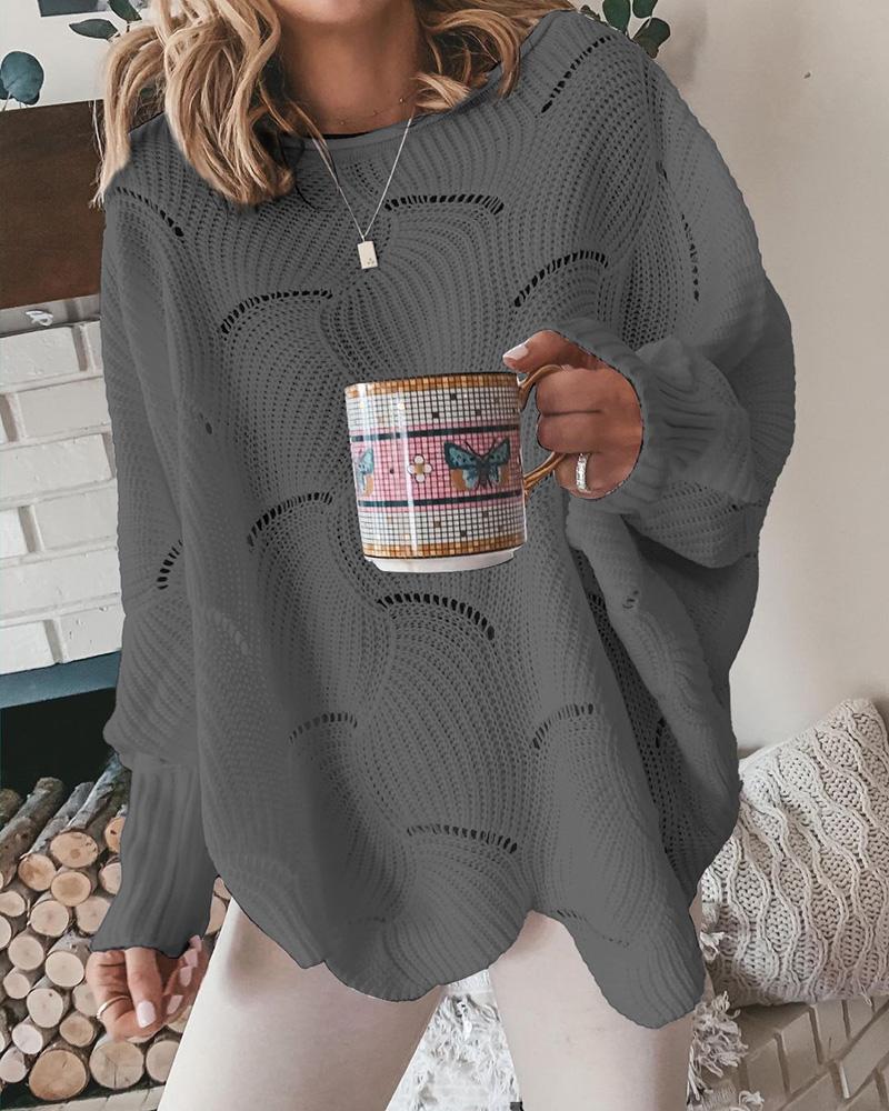 

Hollow Out Long Sleeve Plain Sweater, Gray
