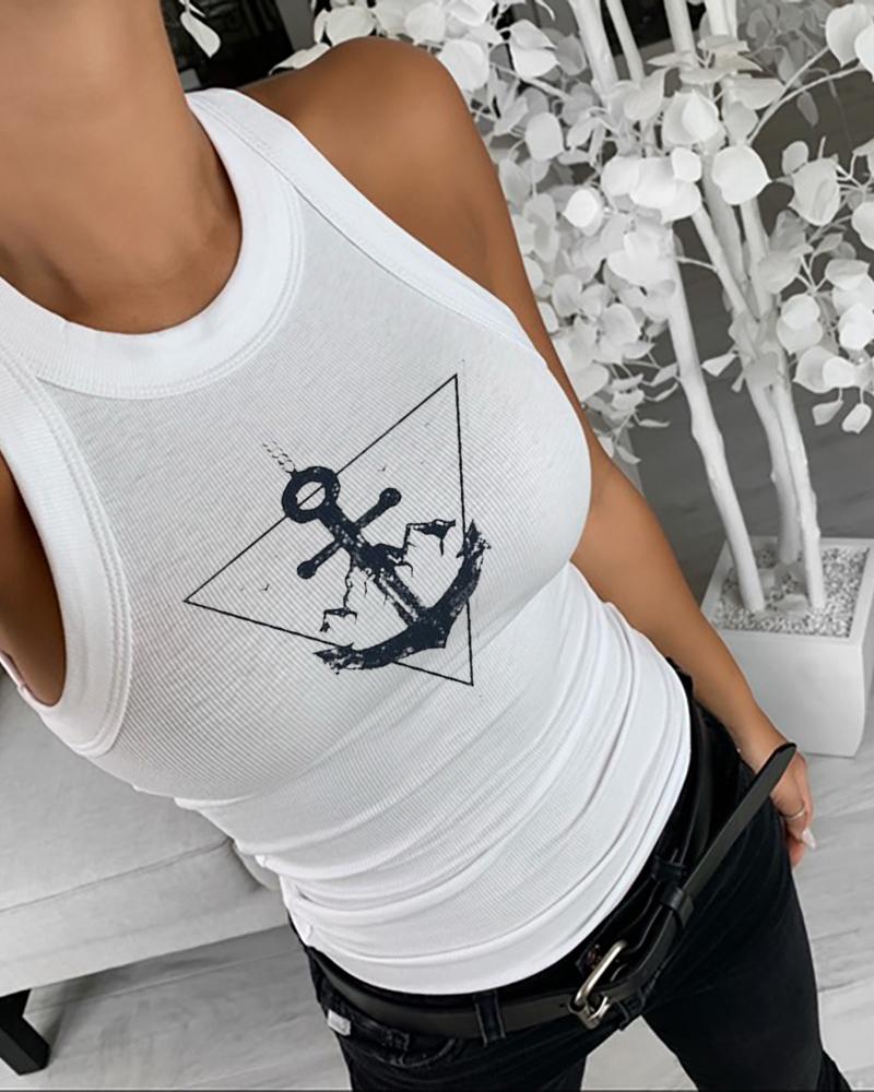 

Summer Sleeveless Basic Cami Top Shirt Slim Knit Ribbed Racerback Blouses Boat Anchor Print Tank Tops, White