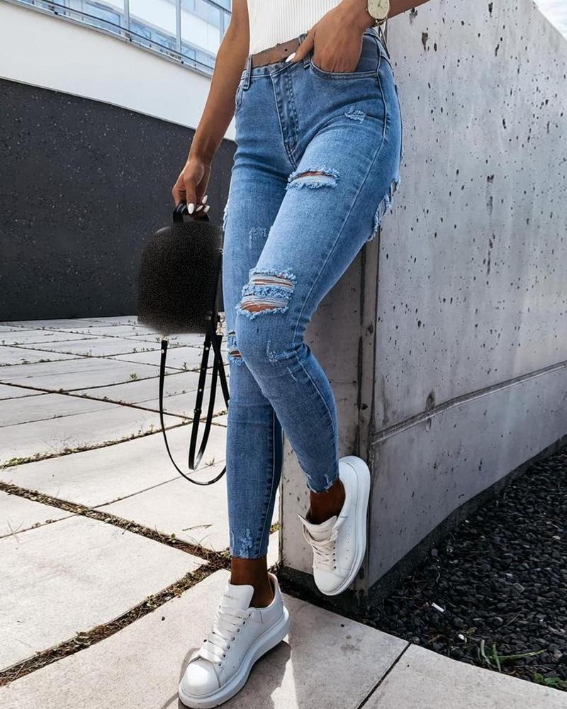 

High Waist Ladder Cutout Skinny Ripped Jeans, Blue