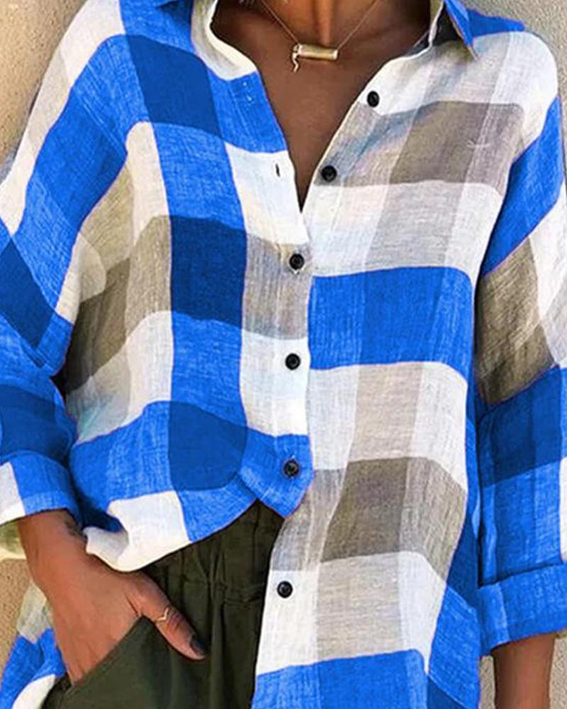 

Colorblock Grid Long Sleeve Shirt, Blue