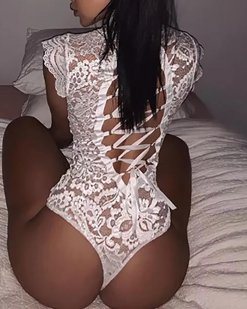 

Crochet Lace Backless Bandage Teddy, White
