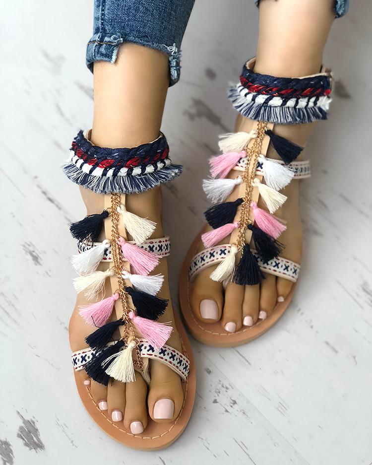 

Boho Style Fringe Tassel Toe Post Flat Sandals, Apricot