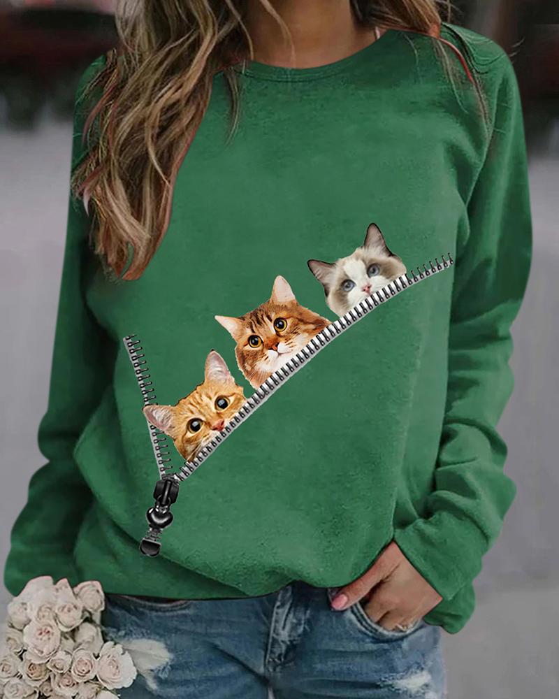 

Zipper Design Animal Print Round Neck Sweatshirt, Green
