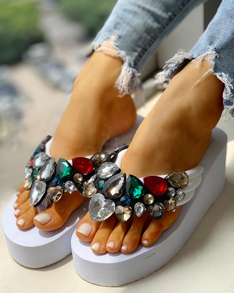 

Toe Post Beaded Platform Muffin Sandals, White
