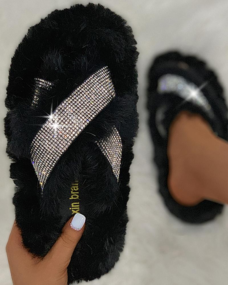 

Studded Cross Fluffy Slippers, Black