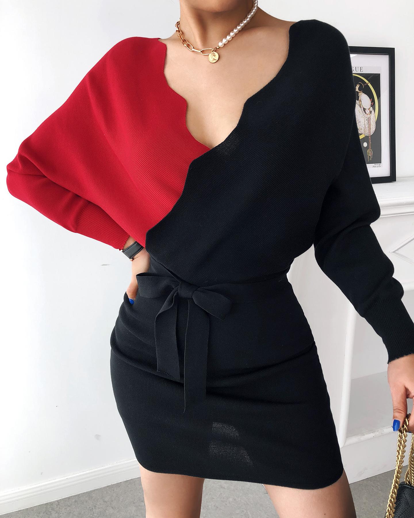 

Colorblock Batwing Sleeve Cutout Backless Dress, Red