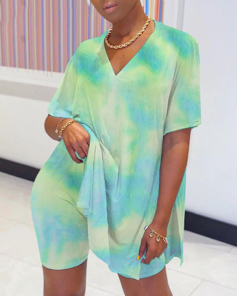

Tie Dye Print Slit Top & Short Sets, Green