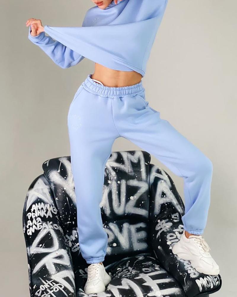 

Letter Pattern Velvet Hooded Top & Pants Set, Light blue