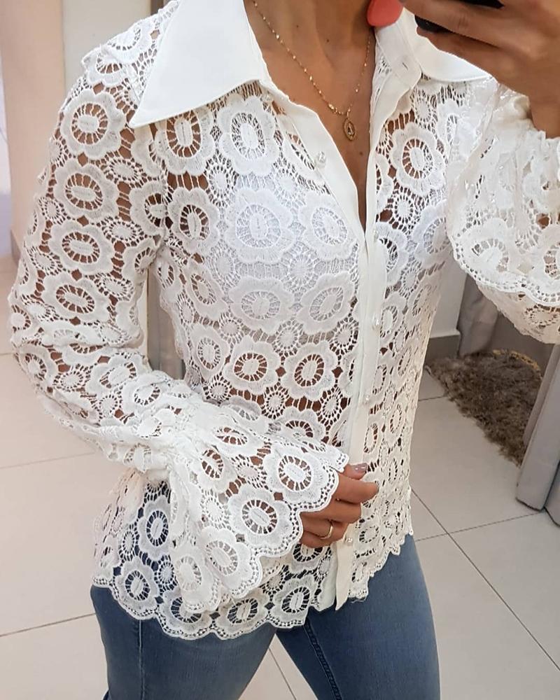 

Guipure Lace Hollow Out Bell Sleeve Shirt, White