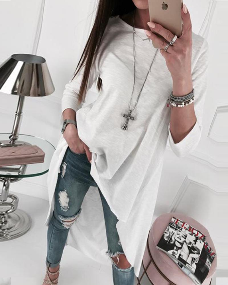 

Round Neck Long Sleeve Irregular Bamboo Long T-shirt Top, White