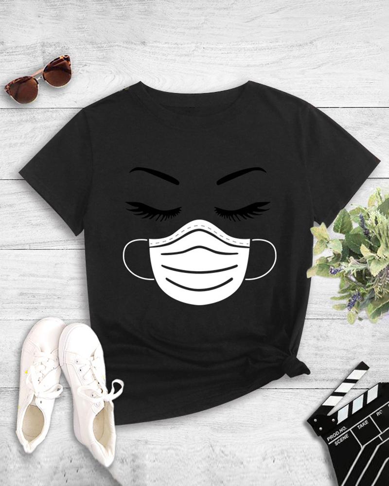 

Eyelash Mask Print Short Sleeve Casual T-shirt, Black