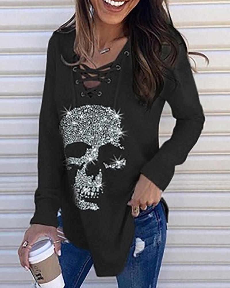 

Eyelet Lace Up Studded Long Sleeve Top, Black
