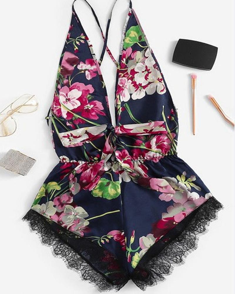 

Floral Print Eyelash Lace Romper, Blue