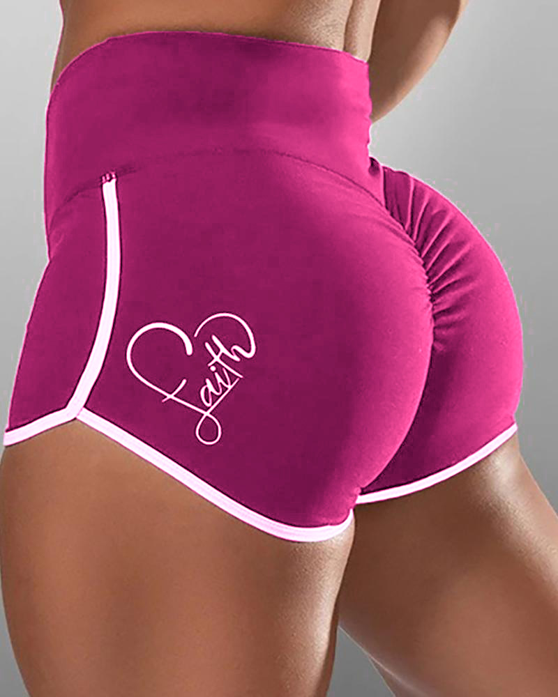 

Heart Print Contrast Binding Yoga Shorts, Purple