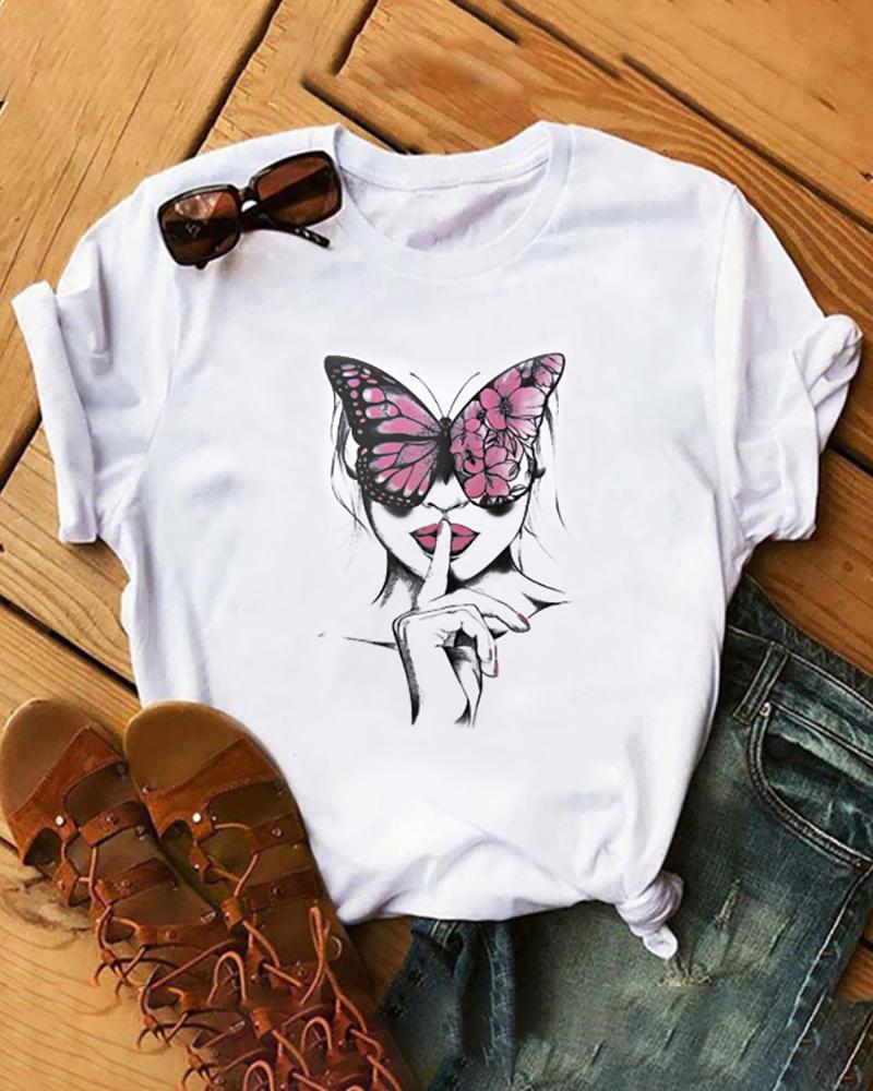 

Butterfly Print Short Sleeve Casual T-Shirt, White