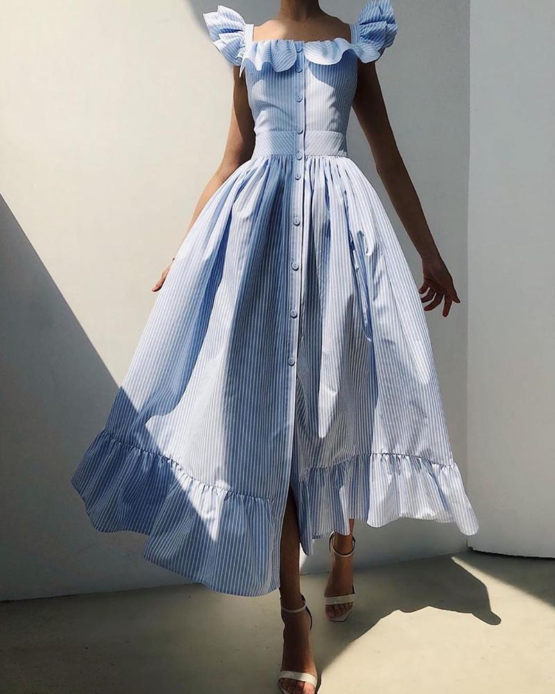 

Striped Colorblock Flutter Sleeve Ruffles Maxi Dress, Blue