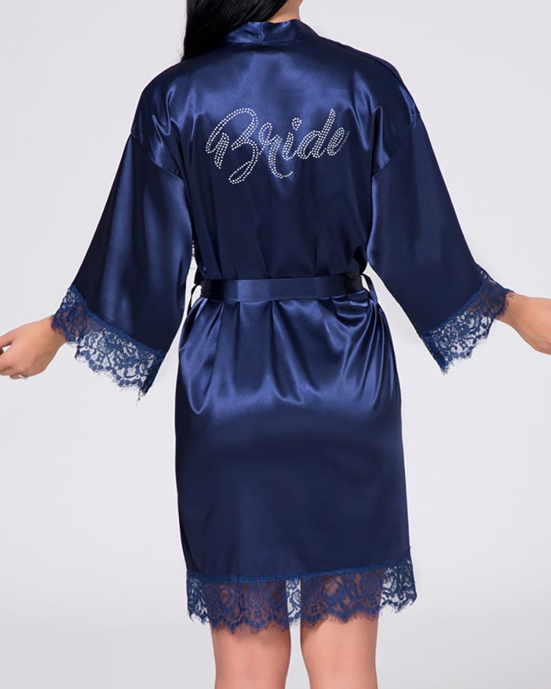 

Letter Print Half Sleeve Lace Trim Robe, Dark blue