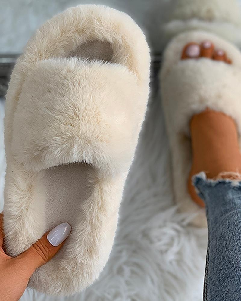 

Plain Peep Toe Fluffy Slippers, Beige